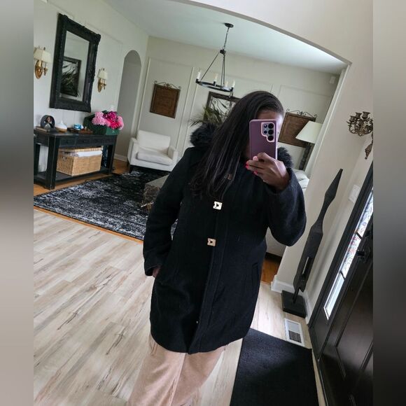 Calvin Klein Wool Blend Detachable Fur Hood Zip Coat Parka Black Gold Sz XL - Picture 15 of 16